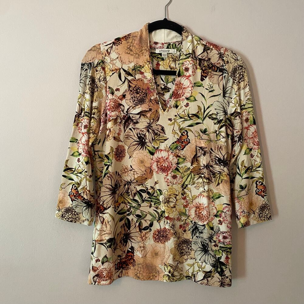 Chico's White Colorful Floral Print V-neck 3/4 Sleeve Shirt Fairy Boho 0 / Small
